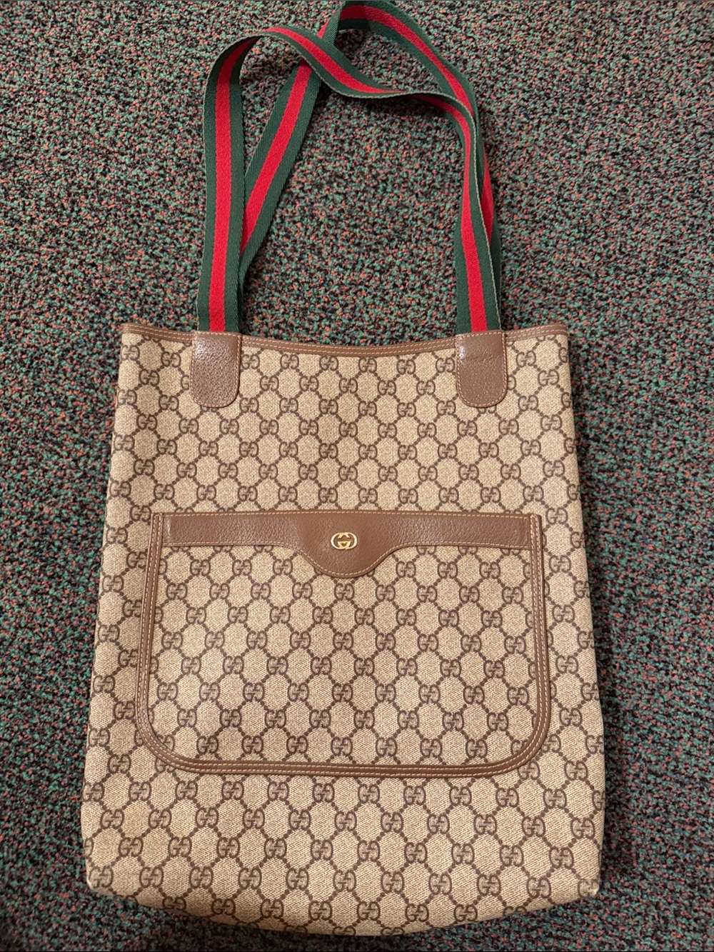 Vintage: Gucci Beige GG Canvas Tote with Brown Trim and Red-Green Straps